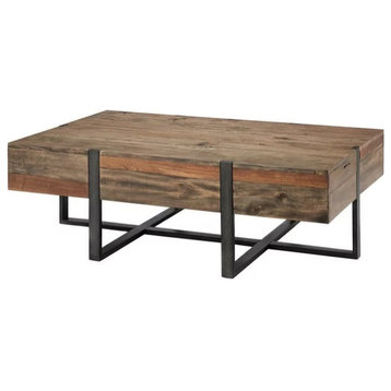 Rustic Coffee Table, Crossed Metal Base With Reclaimed Wood Plank Top, Honey