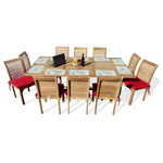 Windsor Teak Furniture - Teak Extra Wide 95x51 Rectangle Extension Table, 10-Chairs - Buckingham Dining Height Extra WIDE 95" x 51" Rect Double Leaf Extension Table w 10 Casa Blanca Stacking Armless chairs..made with solid Grade A Teak will surely become a family heirloom. The Buckingham 95" x 51"comes with two 12" leafs , 83" long with one leaf open, 71" with both leafs closed and 95" long with both leafs opened and seats 10 people. The unique built-in butterfly pop-up leaf enables you to open or close your table in 15 seconds.The stacking chairs have contoured seats and are very comfortable. Comes with plug covered umbrella hole. Some Assembly on table only.  (Cushions Not Included)