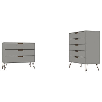 Retro 2 Dressers Set, Hairpin Legs & Drawers With Cut Out Pulls, Off White
