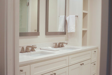 Inspiration for a transitional bathroom in Dallas with shaker cabinets, white cabinets, white walls and an undermount sink.