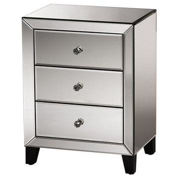 Chevron Hollywood Regency Glamour Style Mirrored 3-Drawers End Table