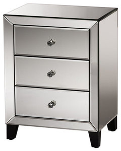Chevron Hollywood Regency Glamour Style Mirrored 3-Drawers End Table