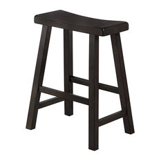 Benzara, Woodland Imprts, The Urban Port - Wooden 24" Counter Height Stools With Saddle Seat, Black, Set of 2 - Bar Stools and Counter Stools
