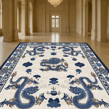 Tibetan Wool Rug Hand-Knotted Blue & White Chinese Dragon Design 9x12, 10x14, 12