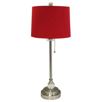 28" Crystal Buffet Lamp With Red Drum Shade, Brushed Nickel, Single