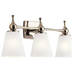 Kichler - Cosabella 3-Light 24" Bathroom Vanity Light in Polished Nickel - The Cosabellaâ„¢ 24" 3 light vanity light embodies Mid-Century modern minimalism. The Etched White Glass shades soften the light to a luxurious glow. The Polished Nickel cinched stem extends beyond the wall plate to hold the second and third lights, and both the shades and wall plate curve delicately to help make your home an oasis of calm enjoyment.  This light requires 3 , 75.0 W Watt Bulbs (Not Included) UL Certified.