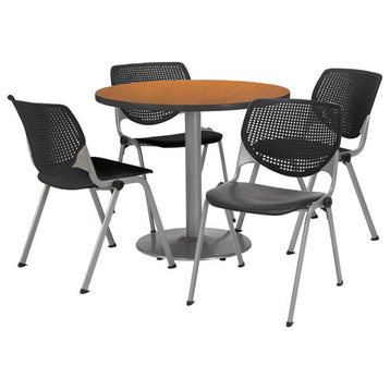 KFI Round 36" Dia. Pedestal Table - 4 Black KOOL Chairs - Medium Oak Top