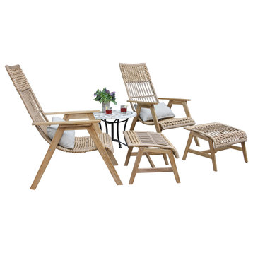 5-Piece Teak Bohemian Basket Lounger Set With Matching Accent Table and Ottomans