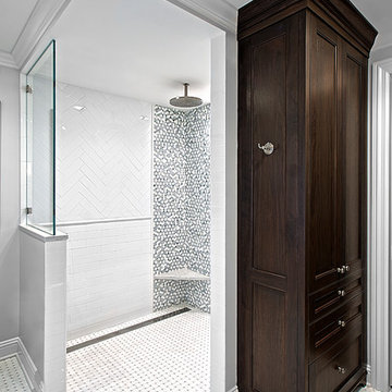 Doorless Shower and Adjacent Linen Closet