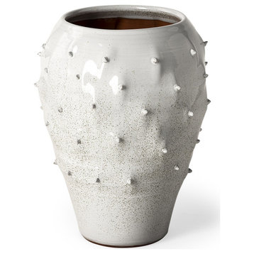 14' White Spiked Organic Glaze Large Mouth Ceramic Vase