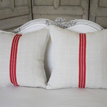 Vintage Red Stripe European Grainsack Pillows Pair