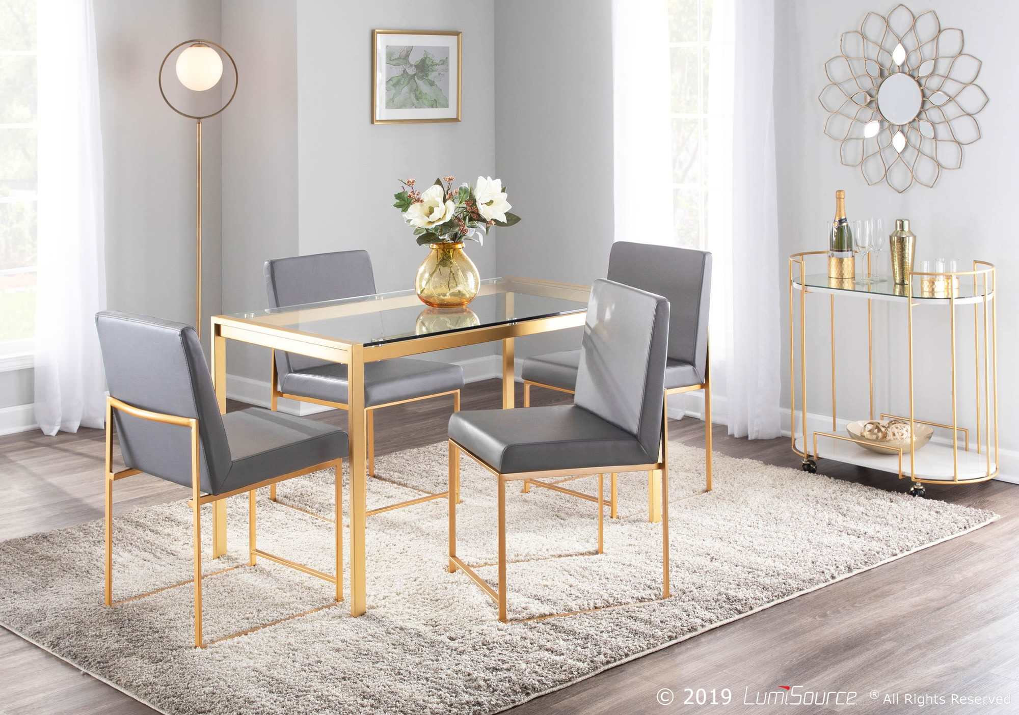 High Back Fuji Dining Chair, Set of 2, Gold Metal, Grey PU