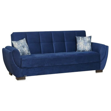 Sofa Bed, Round Arms and Square Tufted Seat, Blue Microfiber