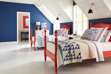 This is an example of a traditional kids' room in New York with blue walls, painted wood floors and white floor.