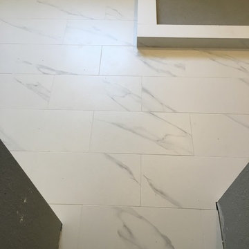 MASTER BATHROOM - Porcelain White Marble Tile, Gray Hexagon Shower Floor
