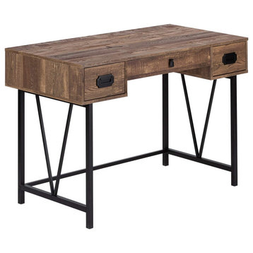 Industrial Desk, Rectangular Top and 2 Drawers With Metal Pulls, Reclaimed Brown