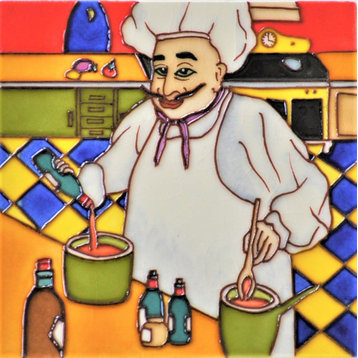 6x6" Chef Wearing an Apron Ceramic Art Tile Hot Plate Trivet and Wall Decor