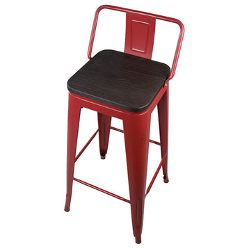 Red Lowback Metal Bar Stools, Dark Wooden Seat, Set of 3