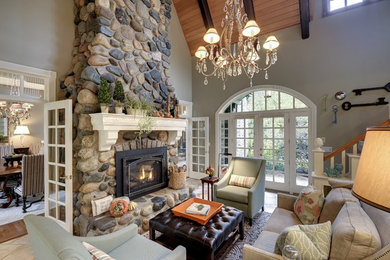 Elegant family room photo in Minneapolis with gray walls