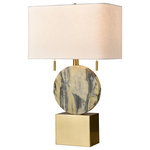 Elk Home - Carrin 2-Light Table Lamp - A natural stone disk with grey and white striations forms the center piece of the Carrin Table Lamp. Set on a square, metal base in a honey brass finish, this elegant lamp exudes quiet sophistication. A rectanglular hardback shade in white, textured linen completes the look. Transitional in style, this piece sits comfortably within a variety of interiors. This piece features two bulbs that can be operated independently with convenient pull switches, making it ideal for lighting a bedside table or providing accent lighting in a living room or hallway.