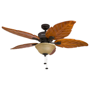Honeywell Sabal Palm Bronze Ceiling Fan with Light, Carved Wood Blades, Bronze