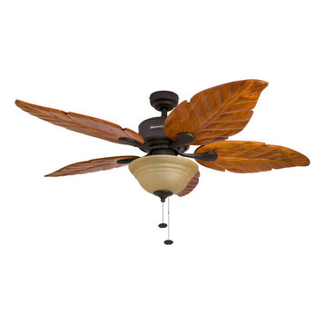 52" Sabal Palm Bronze Ceiling Fan with Bowl Light and Carved Wood Blades - 50204