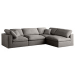 Meridian Furniture - Plush Velvet / Down Standard Comfort L-Shaped Modular Sectional, Gray, 4-Piece: 2 Armless Chair, 2 Corner Chair - No matter how big or little the size of your gang, they can all find their sweet spot when you choose pieces from the Plush collection to build your ideal seating group. Choose this individual Plush piece or pair multiple pieces together to get the custom look everyone will love. The soft grey velvet material is soft and welcoming to the touch, and the set's cushions are overstuffed with a down and feather blend to provide ample support for tired bodies.