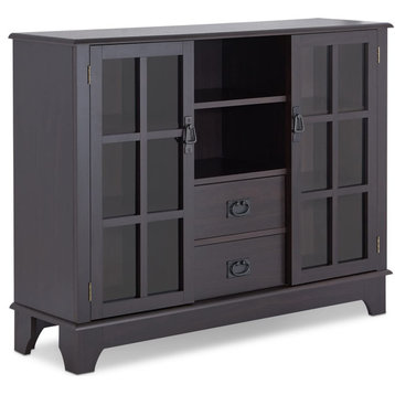 Midcentury Storage Cabinet, 2 Drawers & 2 Glass Doors With Inner Shelves, Black