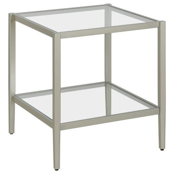 Hera 20'' Wide Square Side Table With Clear Shelf In Satin Nickel