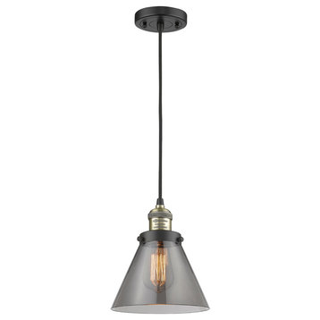 Large Cone LED Pendant, Black Antique Brass, Glass: Smoked