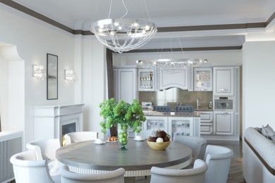 Kitchen/dining room combo - mid-sized eclectic marble floor and brown floor kitchen/dining room combo idea in Nice with beige walls and a standard fireplace