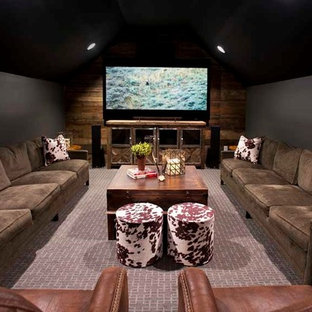 Inspiration for a medium sized rural enclosed home cinema in Nashville with carpet and a built-in media unit.