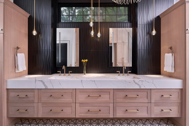 Inspiration for a large modern black tile mosaic tile floor and double-sink bathroom remodel in Charlotte with light wood cabinets, black walls, an undermount sink, quartz countertops, white countertops and a built-in vanity