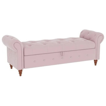 Vintage Storage Bench, Button Tufted Velvet Fabric Seat With Rolled Arms, Pink