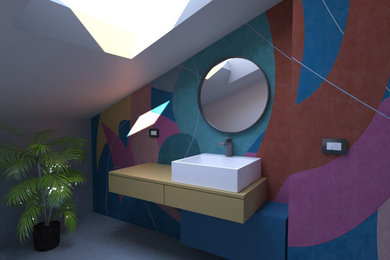 Foto di una piccola stanza da bagno con doccia moderna con ante lisce, WC sospeso, lavabo a bacinella, un lavabo, mobile bagno sospeso e carta da parati