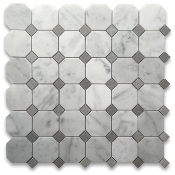 Octagon Mosaic Carrara Marble White Bianco Tile Gray Dots Honed 2", 1 sheet