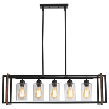 5-light Kitchen Island Chandelier Metal Linear Pendant with Glass Shade, Black
