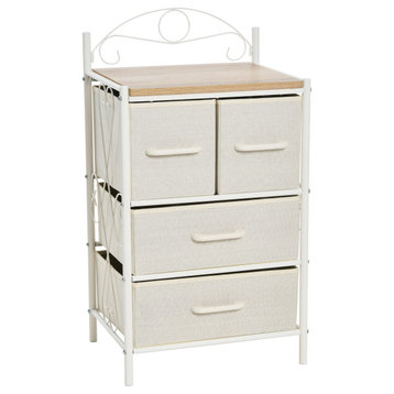 Dresser Nightstand, 4 Beige Drawers White Metal Frame, Coastal Oak Top