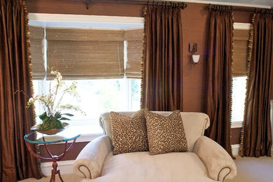 Bedroom - large traditional master carpeted and beige floor bedroom idea in New York with brown walls and no fireplace