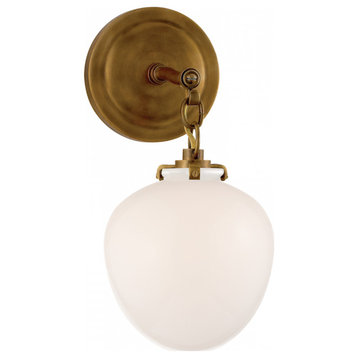 Bathroom Wall Sconce, 1-Light Acorn, Hand-Rubbed  Brass, White Glass, 13.5"H
