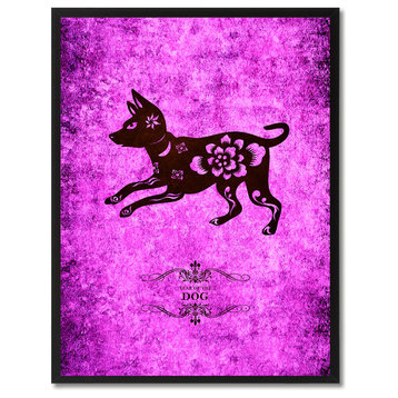 Dog Chinese Zodiac Purple Print on Canvas with Picture Frame, 13"x17"