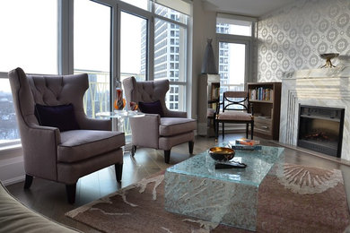 Living room - small contemporary loft-style carpeted living room idea in Toronto with beige walls, a standard fireplace, a stone fireplace and no tv