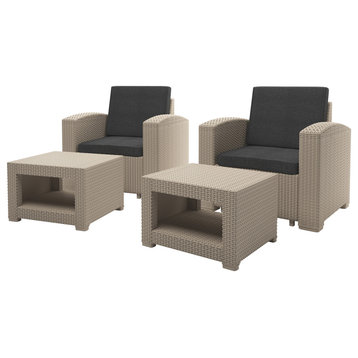 4pc All, Weather Beige Chair, Ottoman Patio Set With Dark Grey Cushions