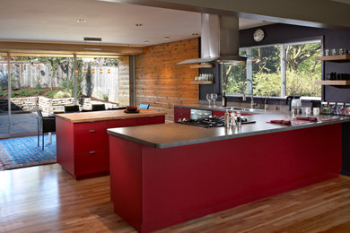 高級な中くらいなモダンスタイルのおしゃれなキッチン (アンダーカウンターシンク、フラットパネル扉のキャビネット、赤いキャビネット、コンクリートカウンター、シルバーの調理設備、無垢フローリング) の写真