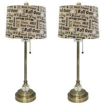 28" Crystal Lamp With Cream/Brown Dog Lover Drum Shade, Antique Brass, Set of 2