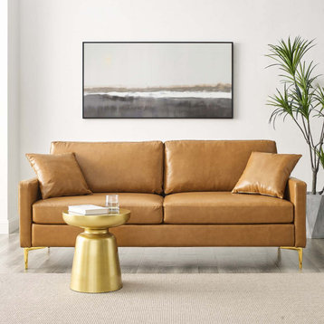 Sofa, Faux Vegan Leather, Tan, Modern, Living Lounge Hotel Lobby Hospitality