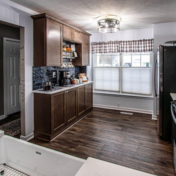 Two Tone Kitchen: Navy and Wood Kitchen with Carrara Wind Quartz Countertops