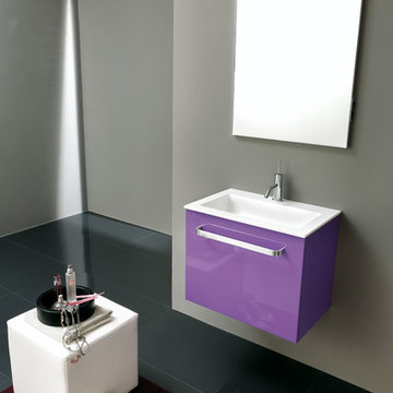 Modern bathroom with small purple vanity