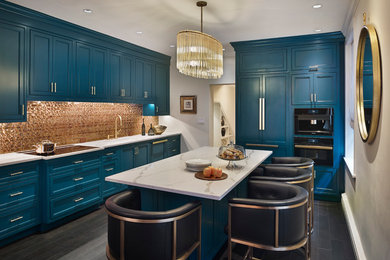 Inspiration for a mid-sized contemporary l-shaped open plan kitchen in Philadelphia with a double-bowl sink, beaded inset cabinets, blue cabinets, quartz benchtops, metallic splashback, metal splashback, black appliances, dark hardwood floors and with island.