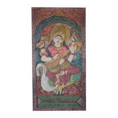 Mogulinterior - Consigned Vintage Carved Panel Saraswati Hindu goddess of Knowledge, Music, Arts - Wall Accents